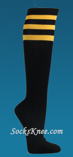Black with Light Orange 3line Striped Women's Knee High Socks - Click Image to Close