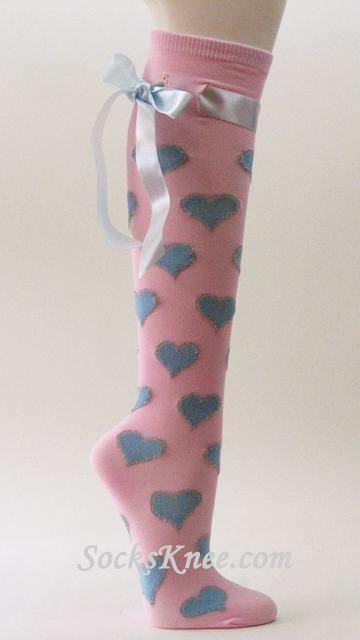 Light Blue Ribbon and Hearts on Light Pink Knee High Socks - Click Image to Close