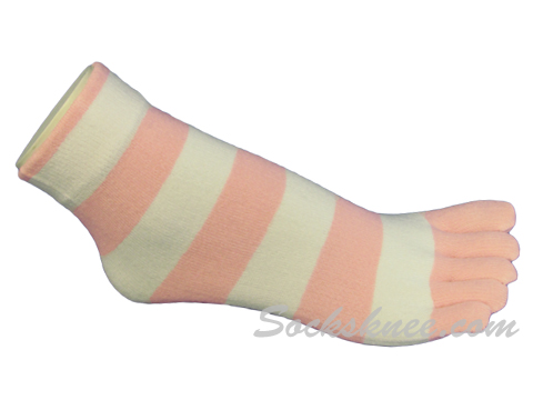 Light Pink / White Striped Toe Toe Socks, Ankle High - Click Image to Close