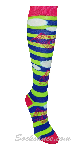 Lime Green Blue Striped Women Fish Knee High Socks - Click Image to Close