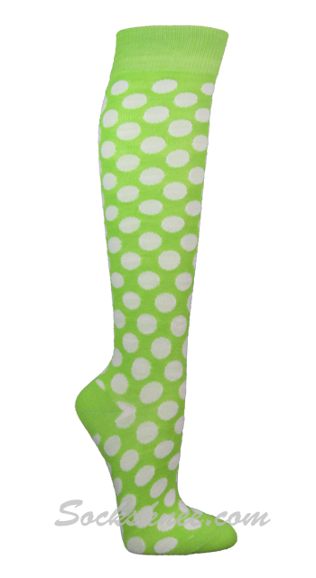 Bright Lime Green / White Polka Dots Women Knee High Socks - Click Image to Close