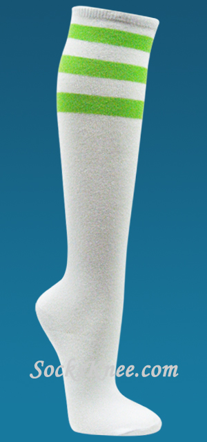 White and Bright Lime Green striped Women's Quality knee socks - Click Image to Close
