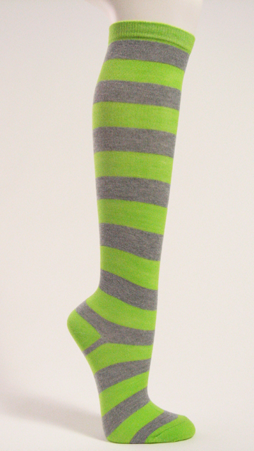 Lime green and grey wider striped knee high socks - Click Image to Close