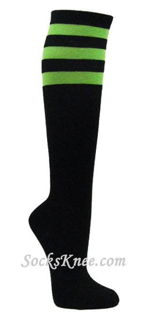 Black & Bright Lime Green COUVER Stripe Non-Athletic Knee Socks - Click Image to Close