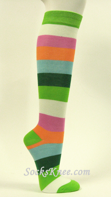 Lime Green Wide Rainbow Stripe Womens High Knee Socks - Click Image to Close
