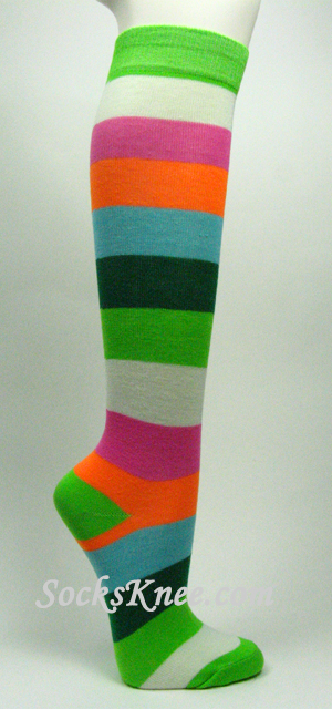 Lime Green White Pink Orange Light Blue High Sock for Women - Click Image to Close