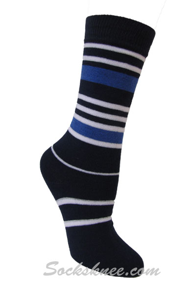 Men's Navy Designed Dress socks with Blue / White Stripes - Click Image to Close