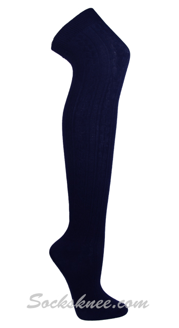 Navy cable knit ashion design Novelty Over Knee High Socks - Click Image to Close
