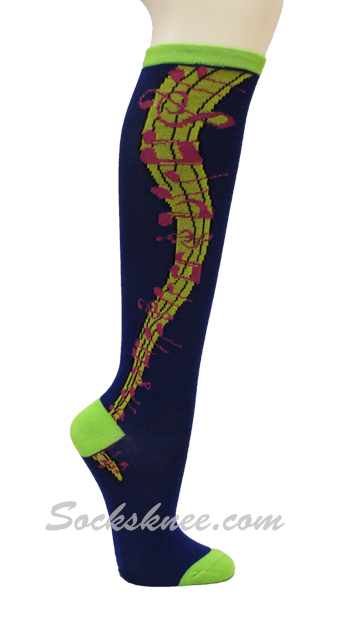 Navy Knee High Fashion Socks with Music Notes/Symbol - Click Image to Close