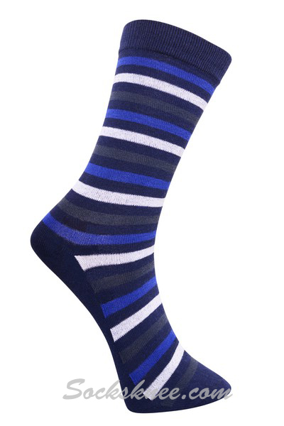 Navy Men's Blue White Olive Stripes Dress Socks - Click Image to Close