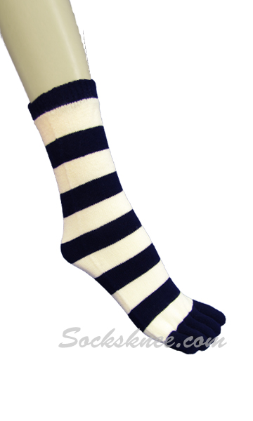 Navy / White Women Quarter ~ Mid-Calf Striped Toe Socks - Click Image to Close