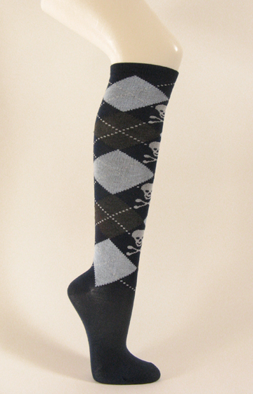 Navy blue argyle knee socks with skull and crossbones - Click Image to Close