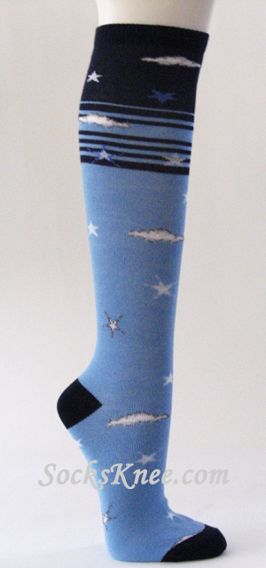Navy, Sky Blue Thick Knee Socks with Stars & Clouds in the Sky - Click Image to Close