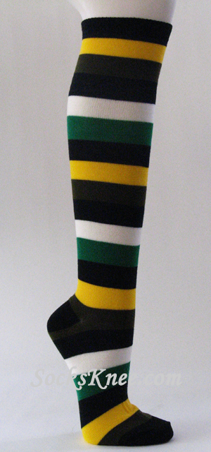 Navy Blue Yellow White Green Striped Knee Socks, Thick - Click Image to Close