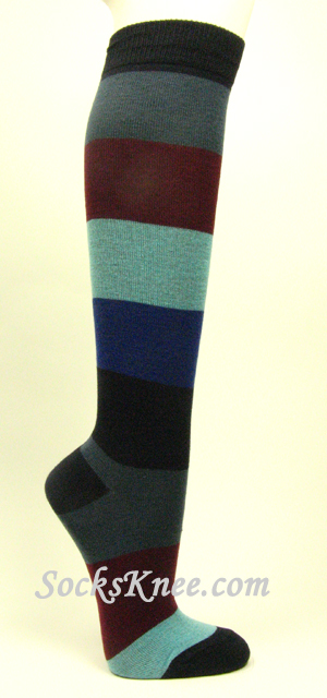 Navy, Bluish Gray, Maroon, Light Blue, Blue High Socks for Women - Click Image to Close