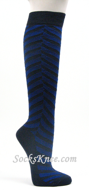 Blue Navy Blue Chevron Herringbone Stripe Knee Hi Sock for Women - Click Image to Close
