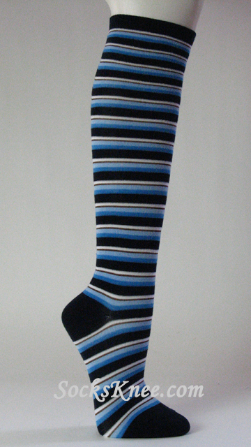 Navy Blue Light Blue White Thin Striped Knee Socks for Women - Click Image to Close