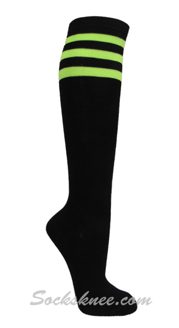 Black with 3 Neon Green Stripes Women's Knee Hi Socks - Click Image to Close