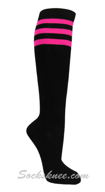 Black with 3 Neon Hot Pink Stripes Women's Knee Hi Socks - Click Image to Close