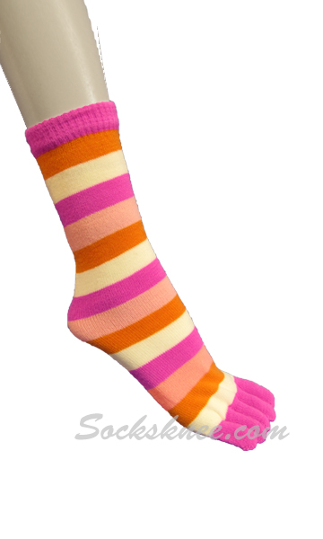 Neon Purple, White, Orange Women Mid-Calf Striped Toe Socks - Click Image to Close