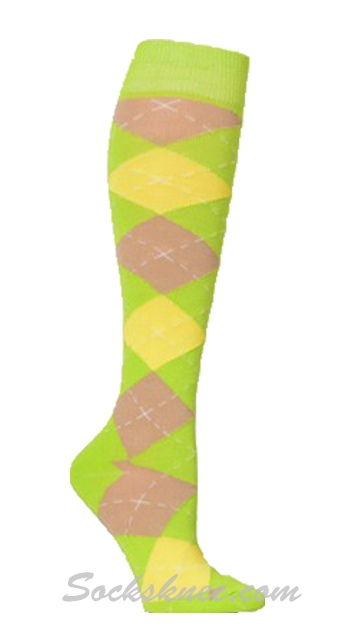 Bright Lime Green / Taupe / Yellow Women Argyle Knee High Socks - Click Image to Close