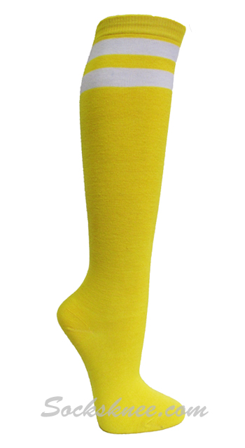 Bright Yellow and 2 White Stripes Knee High Socks for Women - Click Image to Close