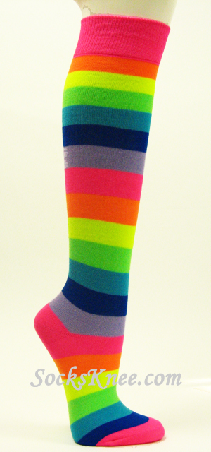 Neon Color Rainbow Striped Knee High Socks - Click Image to Close