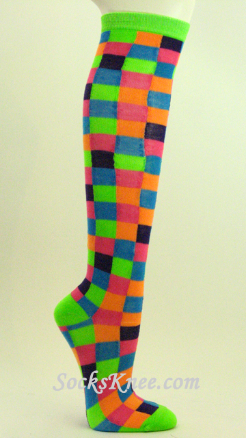 Neon Green Pink Purple etc Plaid Knee Socks for Girl - Click Image to Close