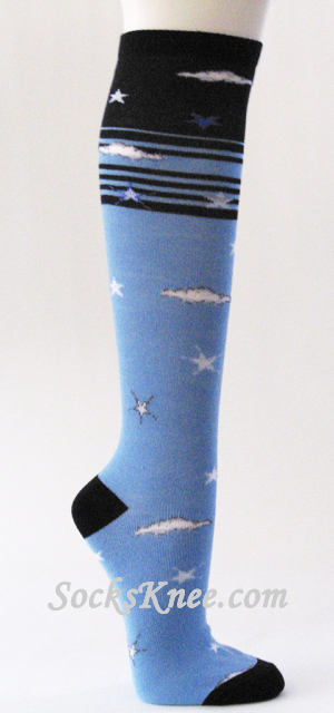 Stars and Cloud in Sky Light Blue Black High Socks - Click Image to Close