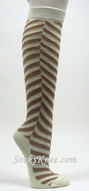 Off White Beige Chevron Herringbone Womens Stripe Knee Sock - Click Image to Close