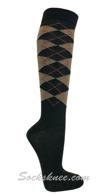 Olive Green / Taupe Argyle Women knee High Socks - Click Image to Close