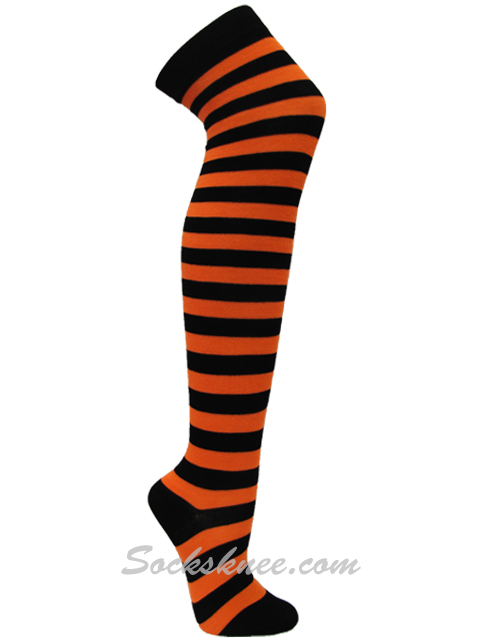 Black and Dark Orange Over Knee Thigh High wider striped socks - Click Image to Close
