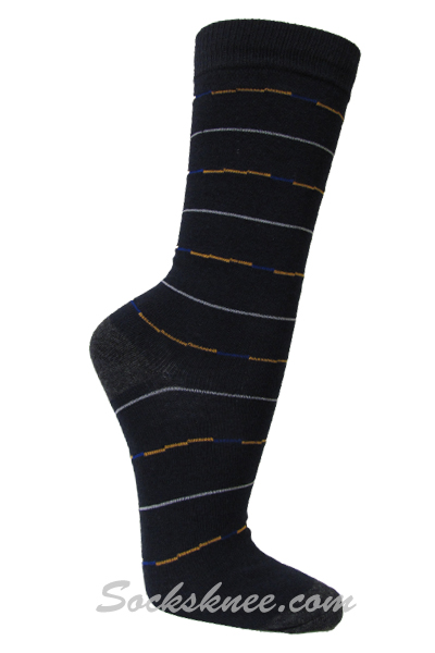 Orange White Blue Lines in Black Mens Dress Socks - Click Image to Close