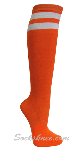 Orange and 2 White Stripes Knee High Socks for Women & Junior - Click Image to Close