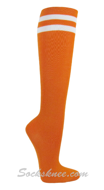 Light Orange Knee High Socks with 2 White Stripes for Women - Click Image to Close