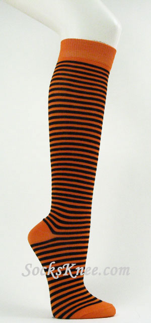 Orange and Black thin striped knee high socks - Click Image to Close