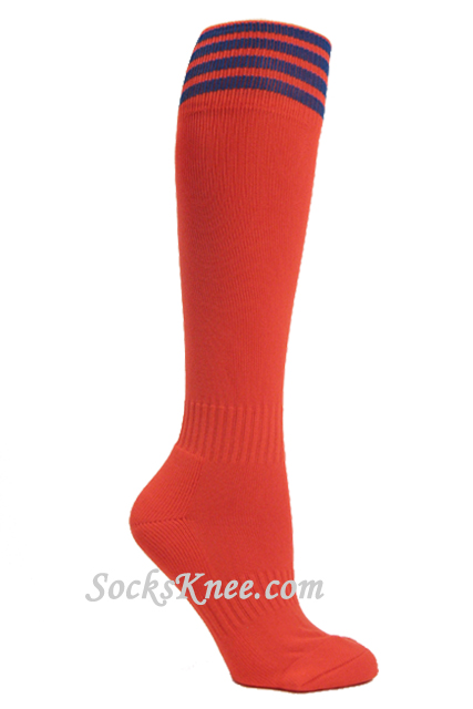 Dark orange youth Football/Sports knee socks w blue stripes copy - Click Image to Close