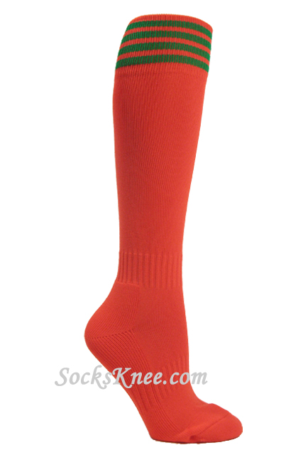 Dark orange youth Football/Sports knee socks w green stripes