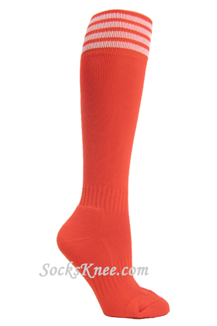 Dark orange youth Football/Sports knee socks w white stripes - Click Image to Close