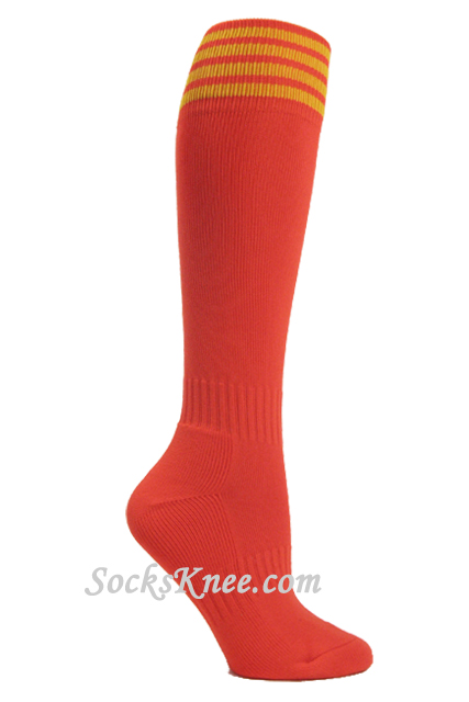 Dark orange youth Football/Sports knee socks w yellow stripes - Click Image to Close