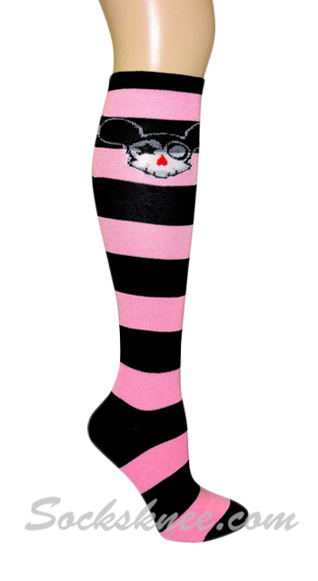 Striped Cute Anime Skull Knee High Socks - Light Pink / Black - Click Image to Close