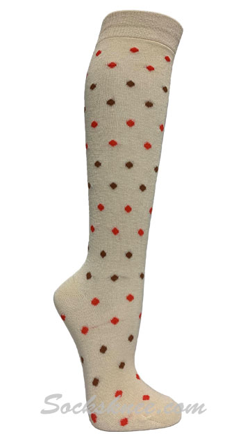 Pink / Brown Tiny Dots Ivory Women Knee high socks - Click Image to Close
