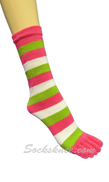 Bright Pink,Lime Green,White Quarter ~ Midcalf Striped Toe Socks - Click Image to Close