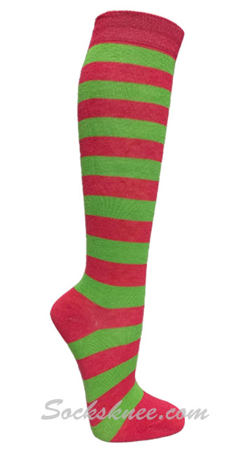 Hot Pink / Lime Green Women Wider Striped Knee Socks - Click Image to Close