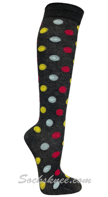 Pink / Sky / Yellow Polka Dots Charcoal Women Knee High Socks - Click Image to Close