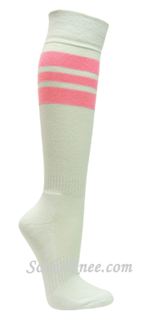 White cotton knee socks with Pink stripes for sports - Click Image to Close