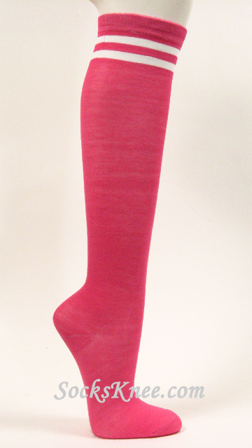 Bright Pink with White Stripes Womens High Knee Socks - Click Image to Close
