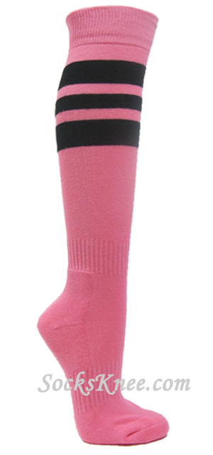 Pink cotton knee socks with black stripes for sports