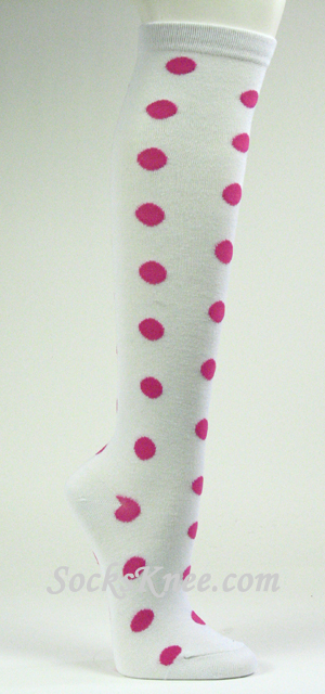 Hot Pink Dotted White Knee High Socks for Women - Click Image to Close