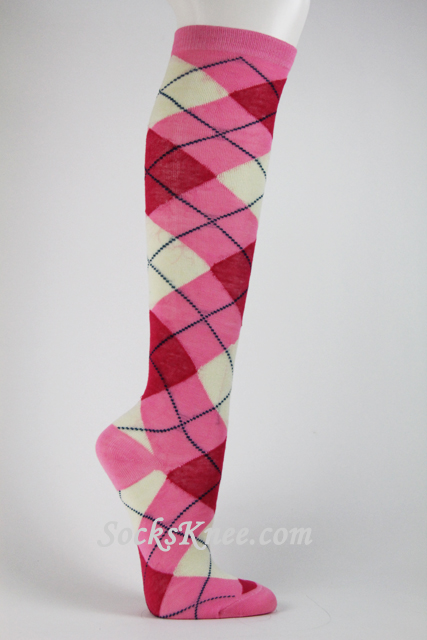 Pink Red White Argyle Knee Sock - Click Image to Close